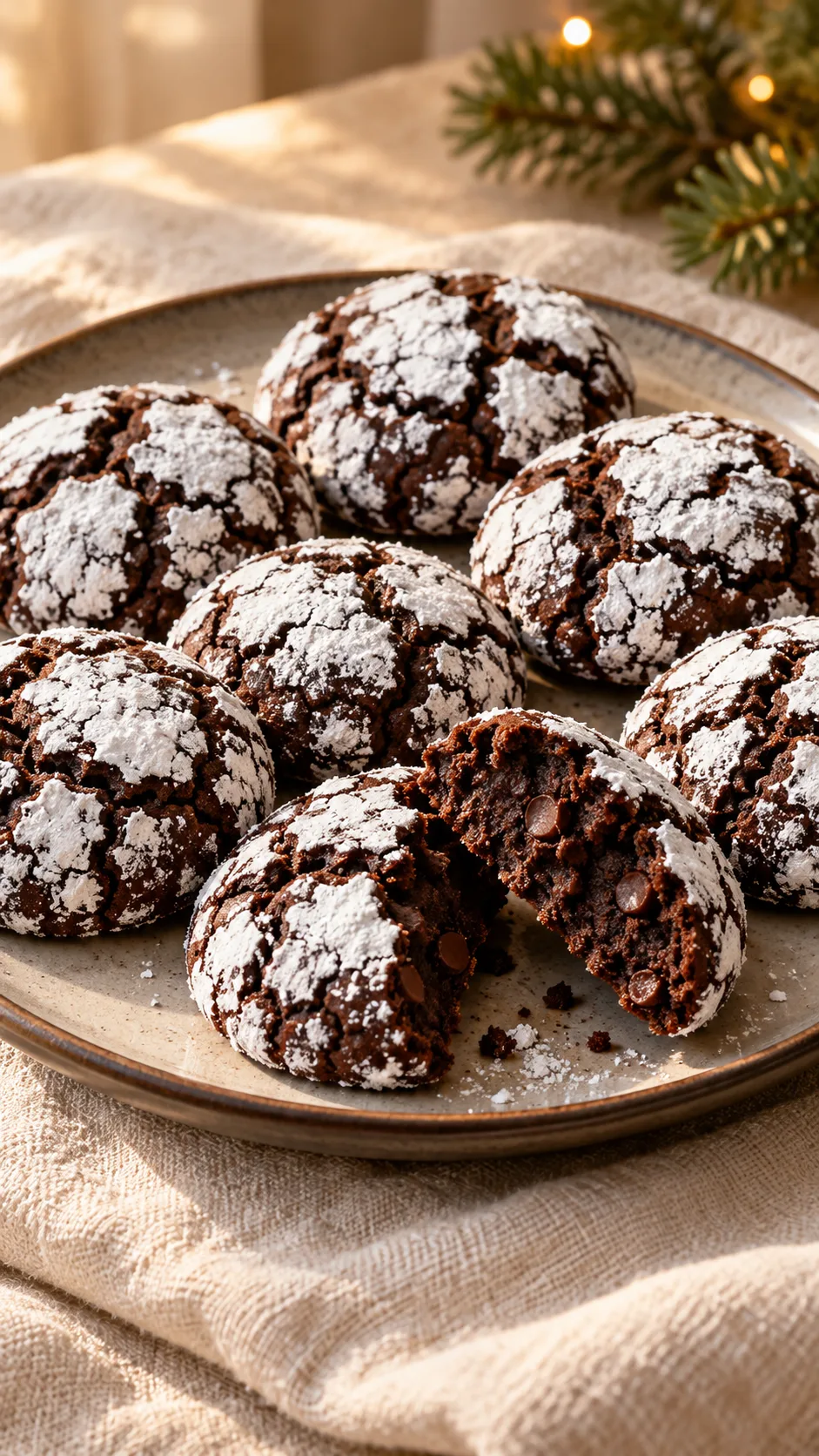 Chocolate crinkles on a dark plate with powdered-sugar cracks and a broken chocolate-chip center
