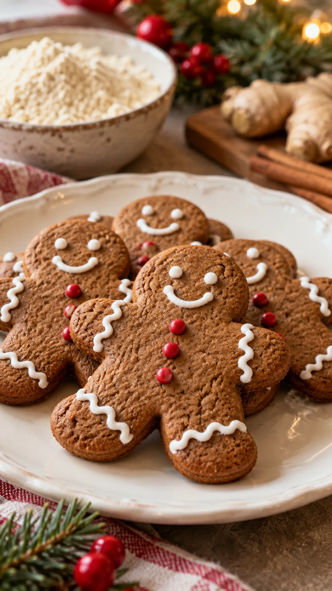 Gluten-Free Gingerbread Men cookies arranged on a plate, photographed close enough to show their baked surface and finish.