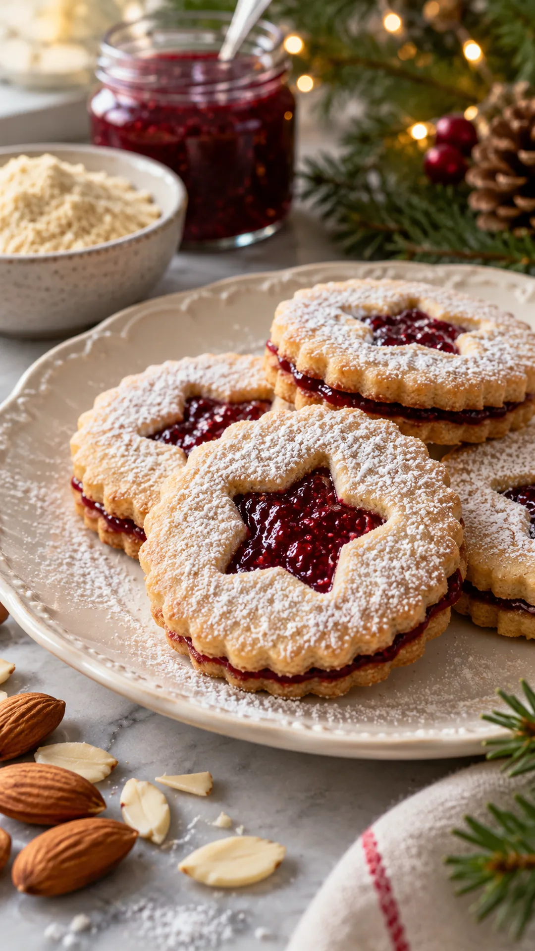 Grain-Free Linzer Almond Flour Cookies cookies arranged on a plate, photographed close enough to show their baked surface and finish.