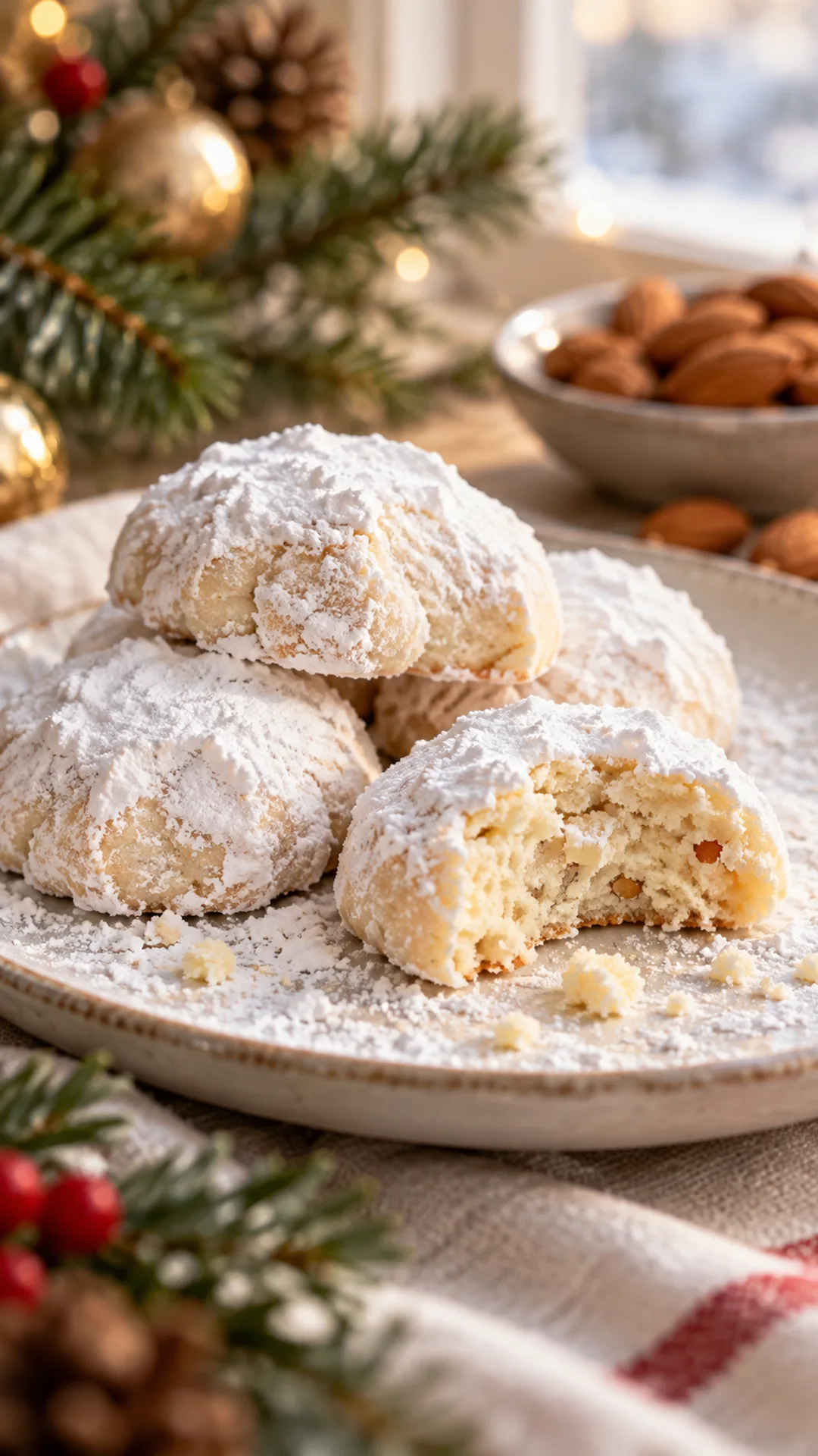 Greek Kourabiedes cookies arranged on a plate, photographed close enough to show their baked surface and finish.