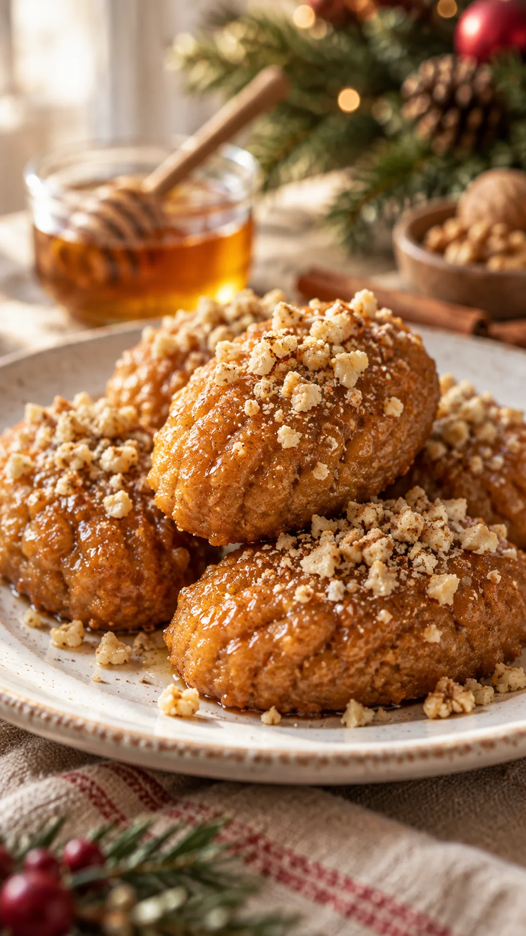 Greek Melomakarona cookies arranged on a plate, photographed close enough to show their baked surface and finish.