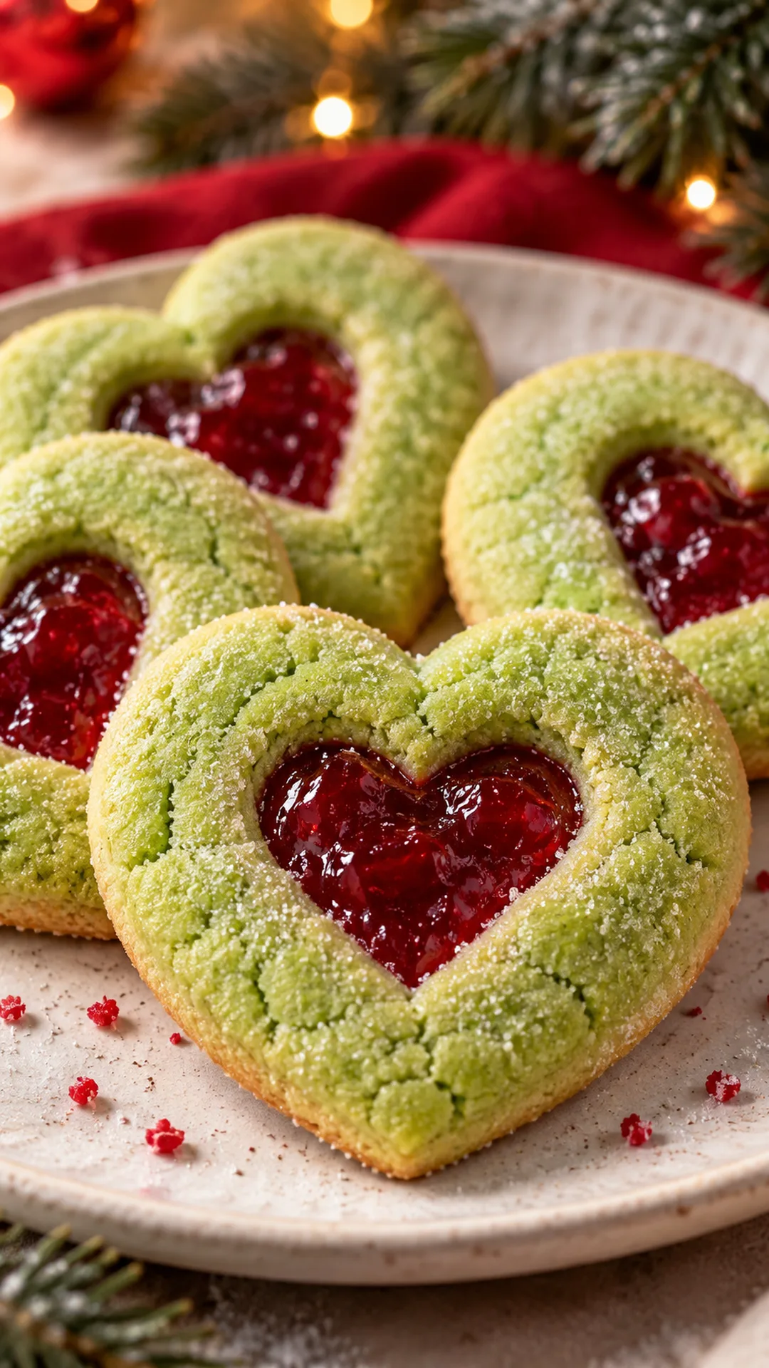Grinch Heart Cookies cookies arranged on a plate, photographed close enough to show their baked surface and finish.