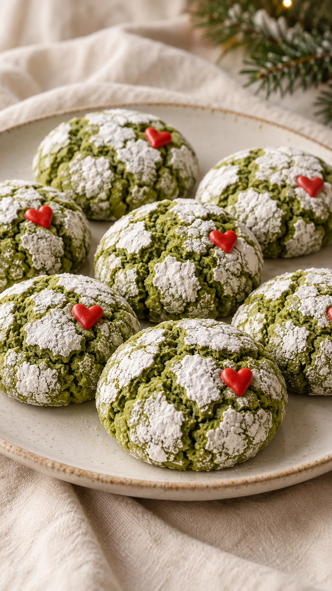 Muted green matcha crinkles with powdered-sugar cracks and one red candy heart on each cookie