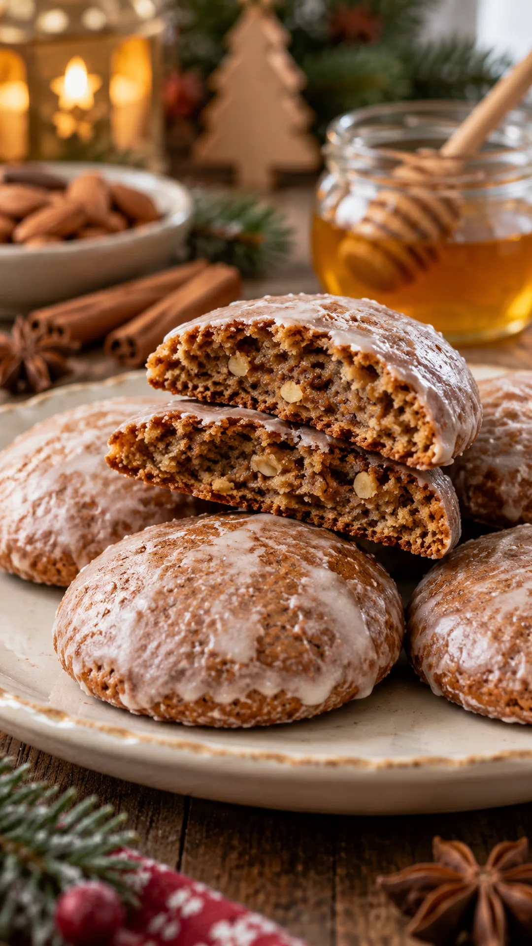 Honey Cinnamon Lebkuchen cookies arranged on a plate, photographed close enough to show their baked surface and finish.