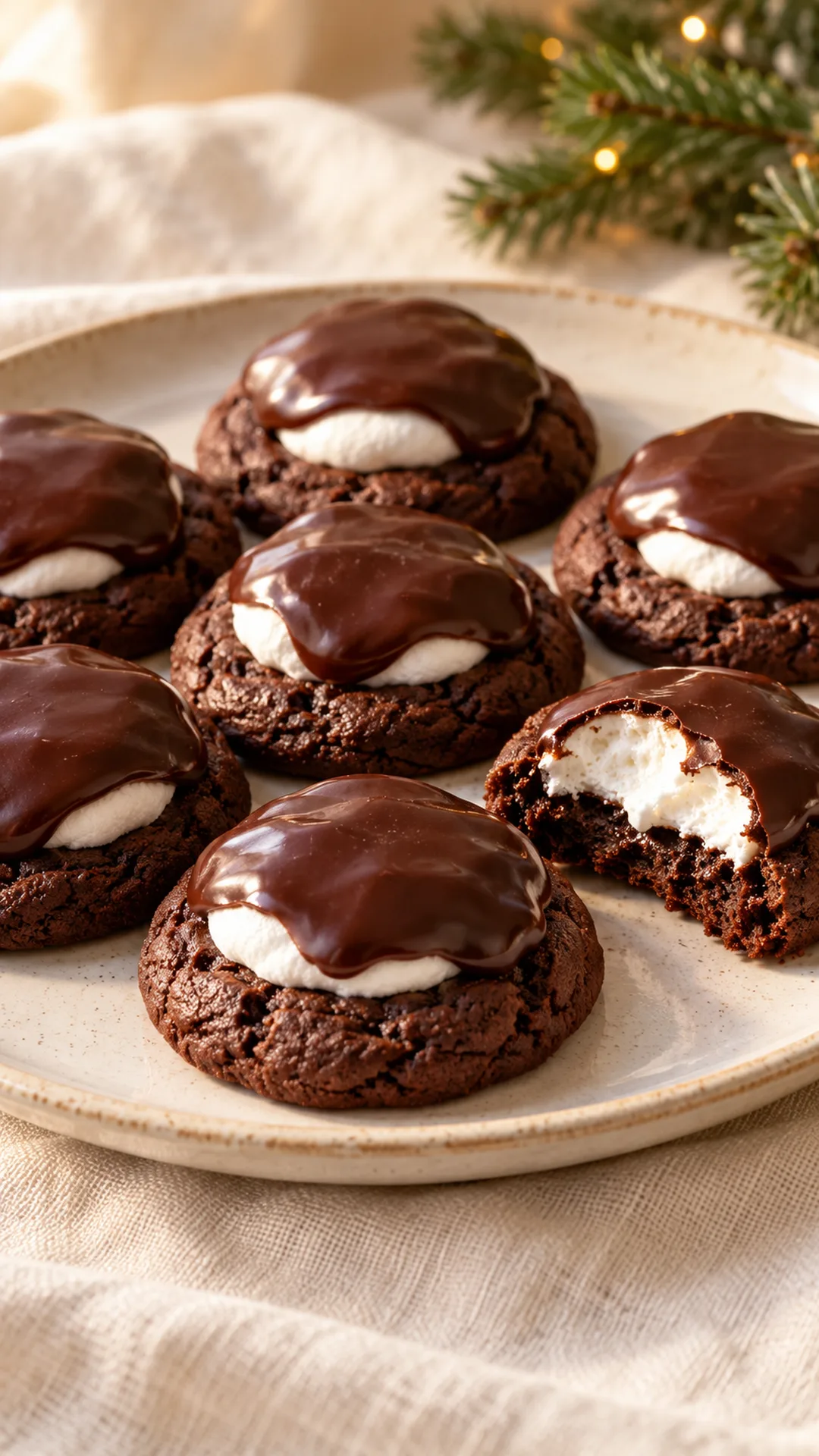 Cocoa cookies topped with soft white marshmallow halves and dark chocolate glaze