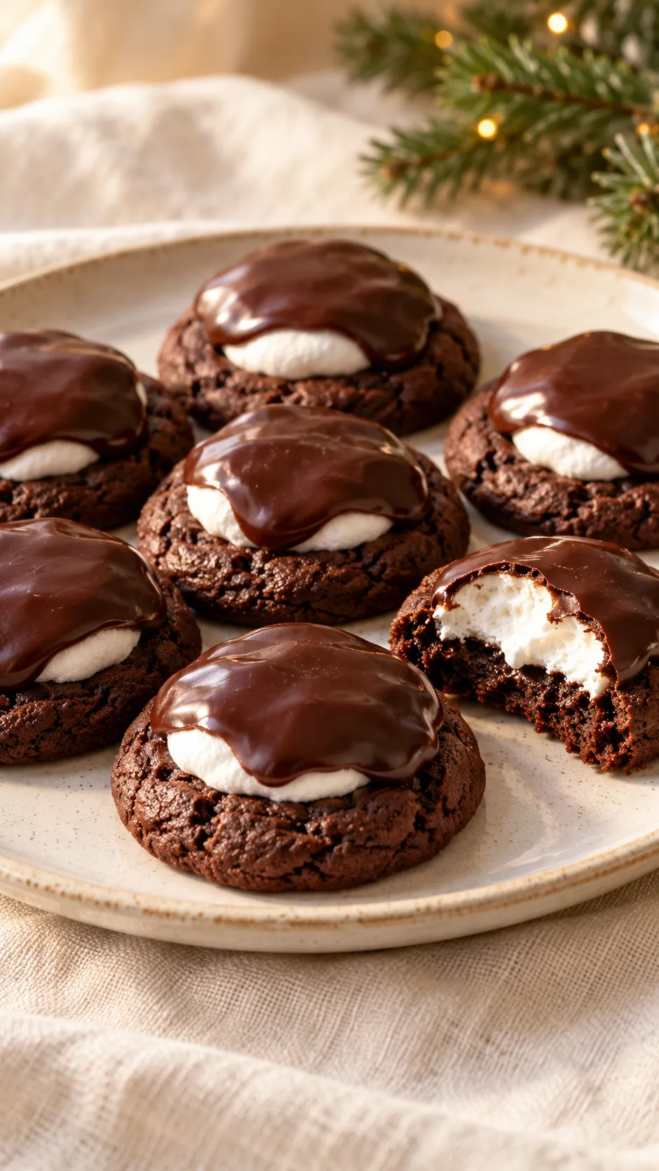 Cocoa cookies topped with soft white marshmallow halves and dark chocolate glaze