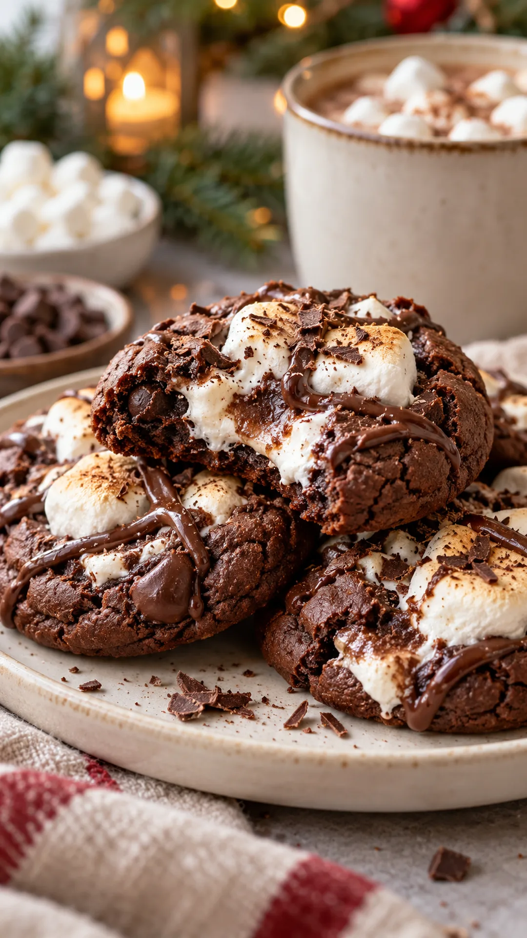 Hot Cocoa Marshmallow Cookies cookies arranged on a plate, photographed close enough to show their baked surface and finish.