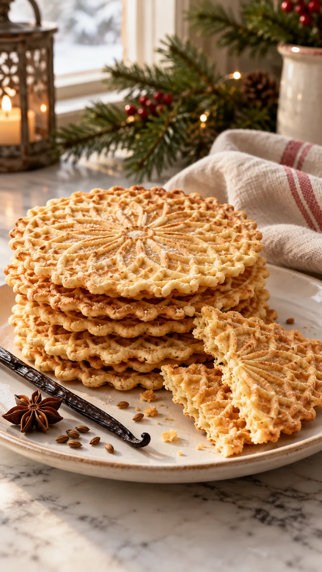 Italian Pizzelle (Vanilla & Anise) cookies arranged on a plate, photographed close enough to show their baked surface and finish.