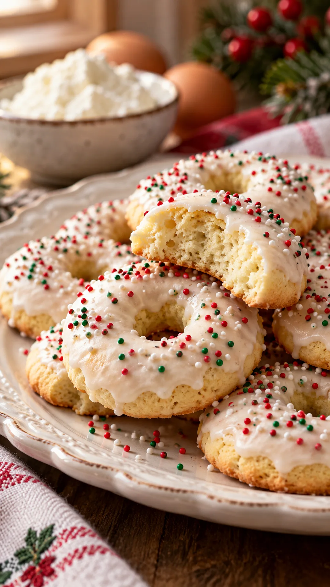 Italian Ricotta Ciambelline cookies arranged on a plate, photographed close enough to show their baked surface and finish.
