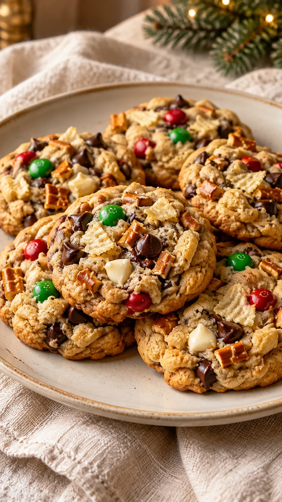 Golden cookies studded with pretzel pieces, potato chips, two chocolates and red-and-green candies