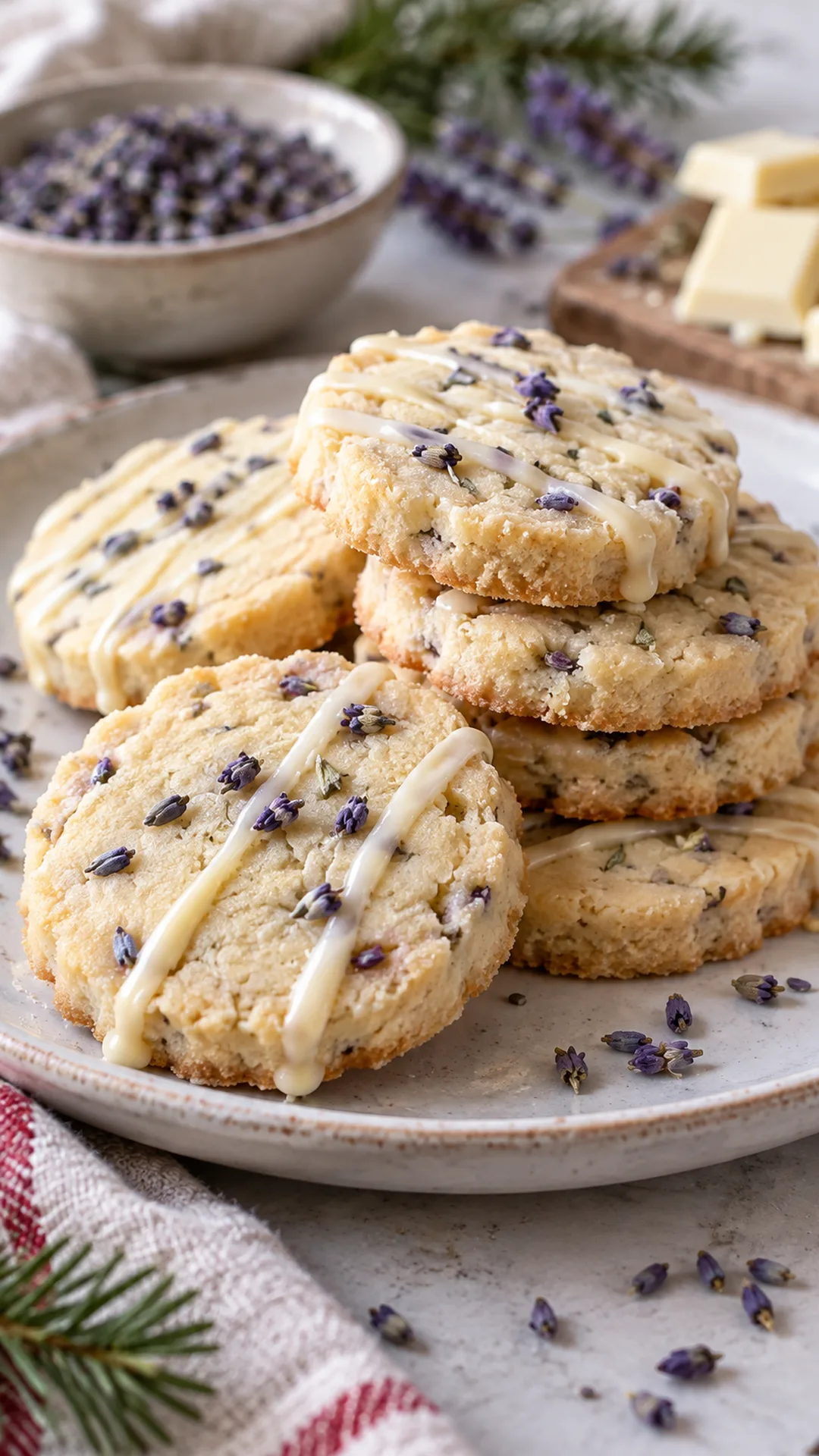 Lavender Shortbread with White Chocolate cookies arranged on a plate, photographed close enough to show their baked surface and finish.