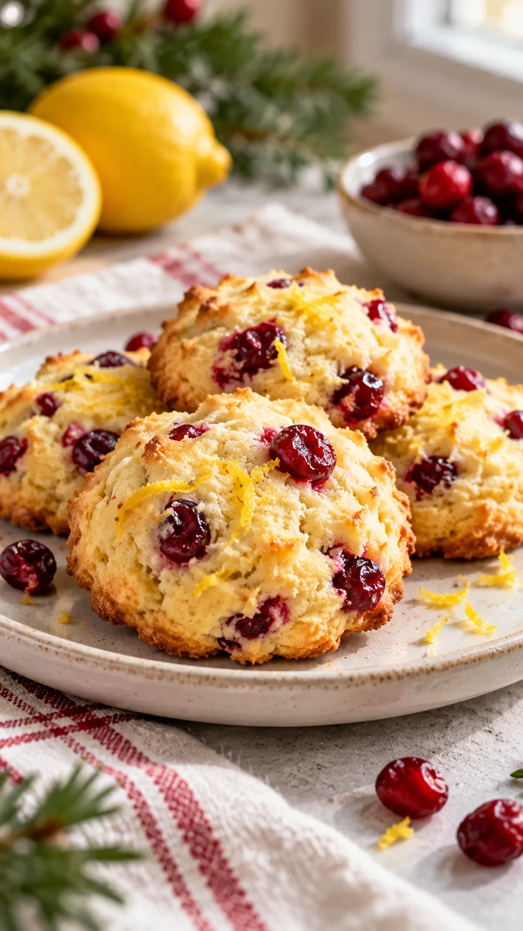 Lemon Cranberry Drop Cookies cookies arranged on a plate, photographed close enough to show their baked surface and finish.