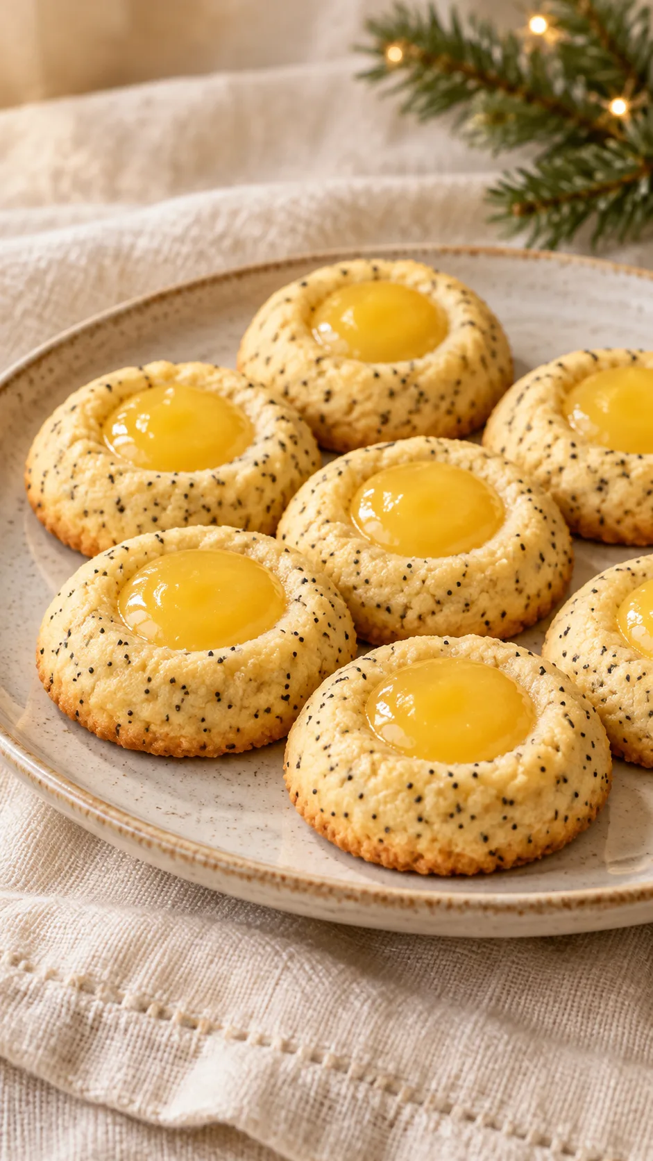 Golden poppy-seed thumbprint cookies filled with glossy yellow lemon curd