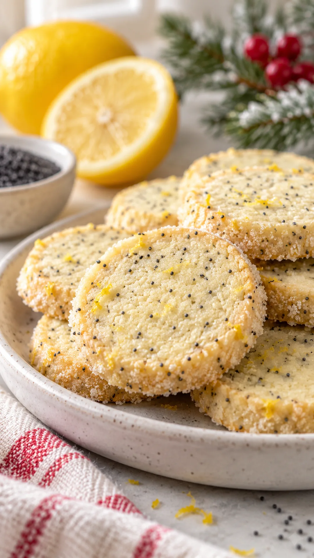 Lemon Poppy Seed Freezer Cookies cookies arranged on a plate, photographed close enough to show their baked surface and finish.