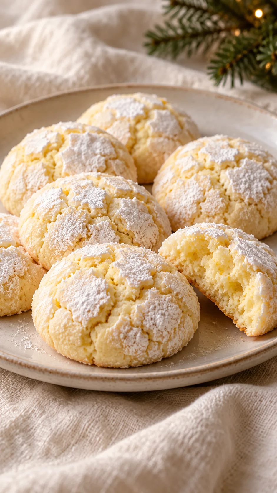 Pale lemon ricotta crinkles with white sugar crusts and a broken cookie showing a tender center