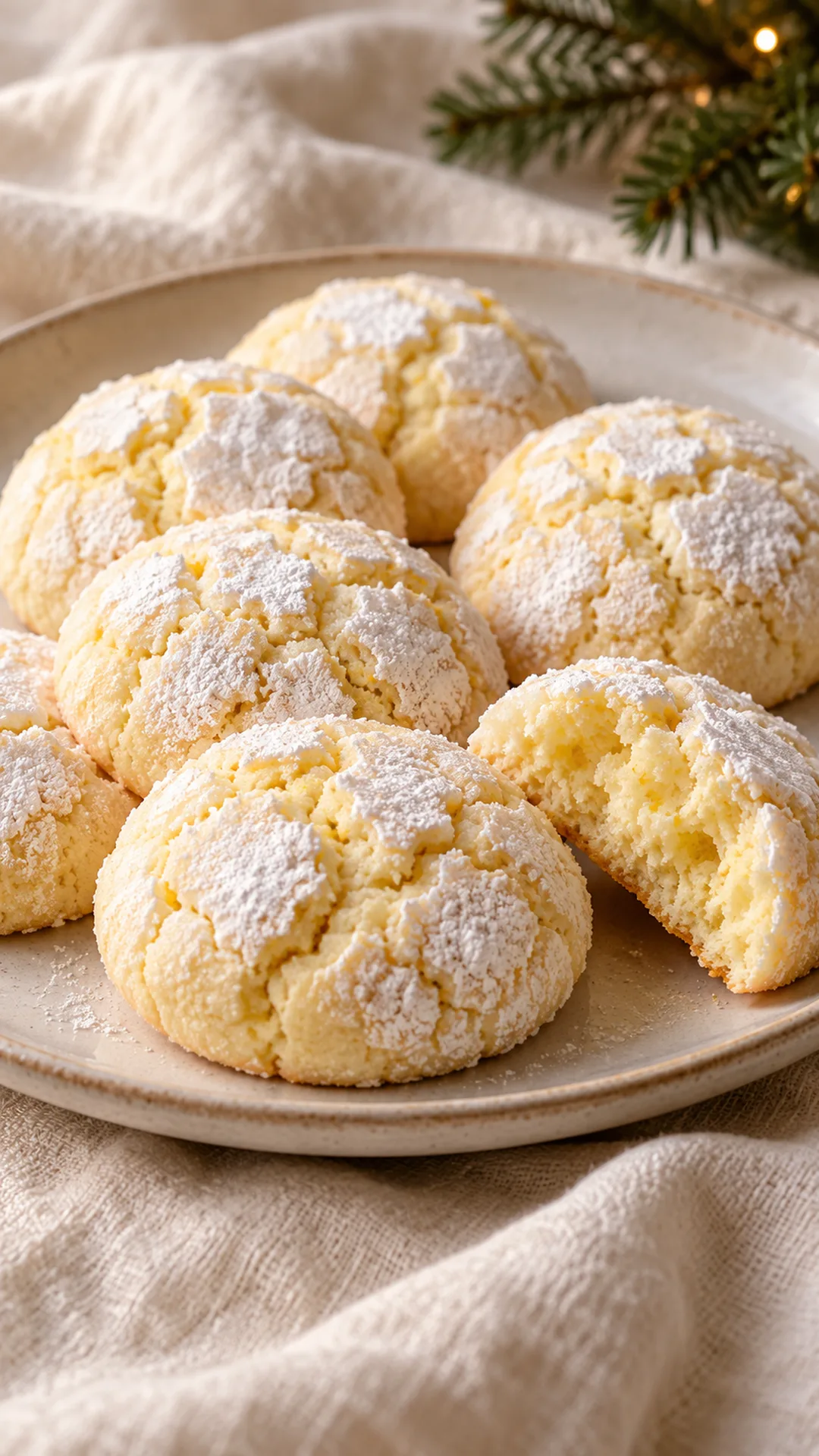 Pale lemon ricotta crinkles with white sugar crusts and a broken cookie showing a tender center