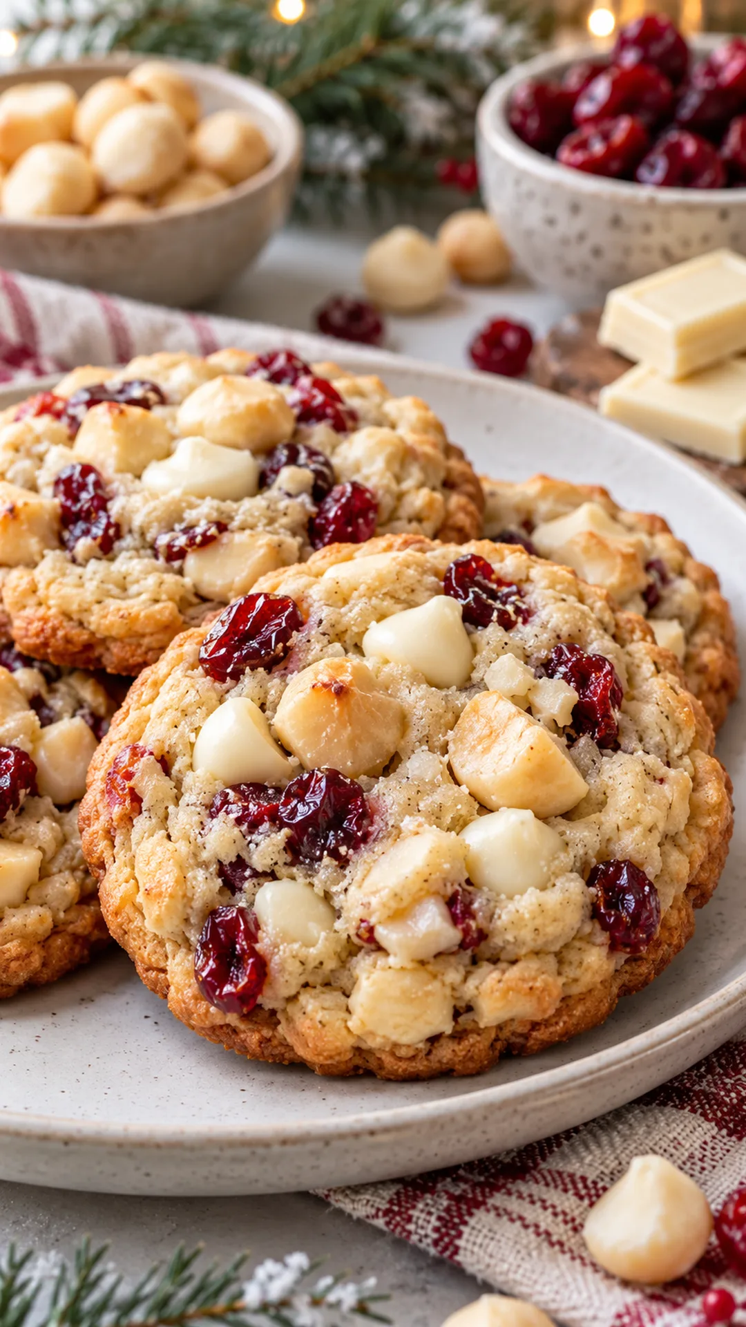 Macadamia White Chocolate Cranberry Cookies cookies arranged on a plate, photographed close enough to show their baked surface and finish.