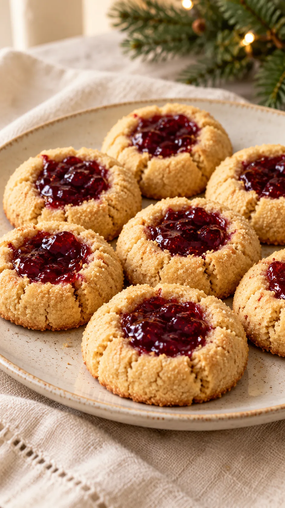 Rustic golden almond-flour thumbprints with textured edges and red berry fruit-spread centers