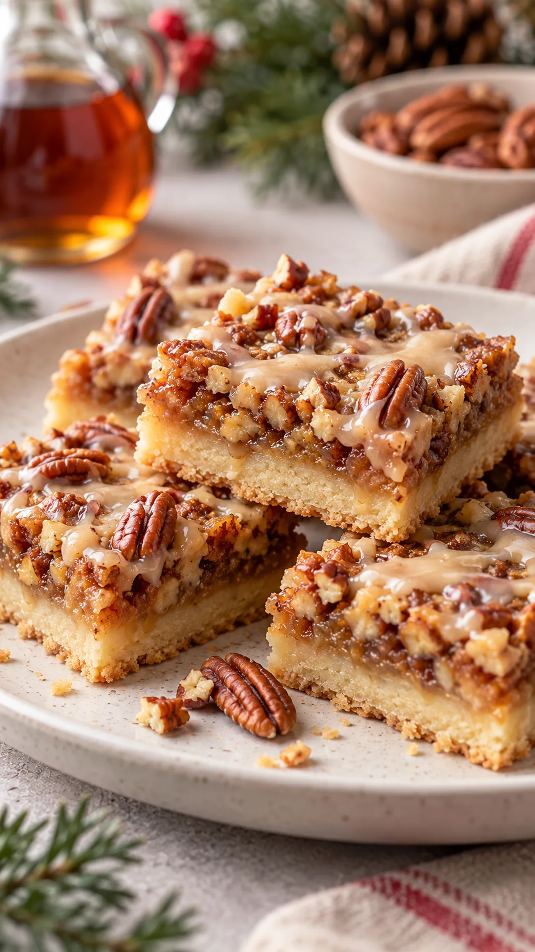Maple Pecan Shortbread Squares cookies arranged on a plate, photographed close enough to show their baked surface and finish.