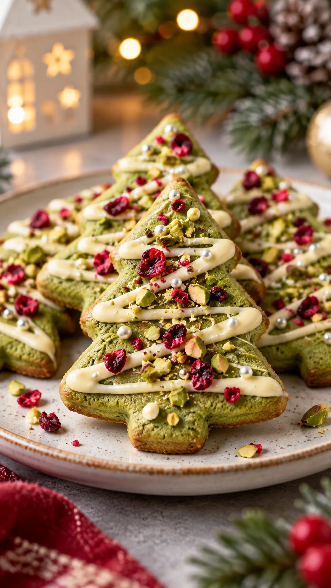 Matcha White Chocolate Christmas Trees cookies arranged on a plate, photographed close enough to show their baked surface and finish.