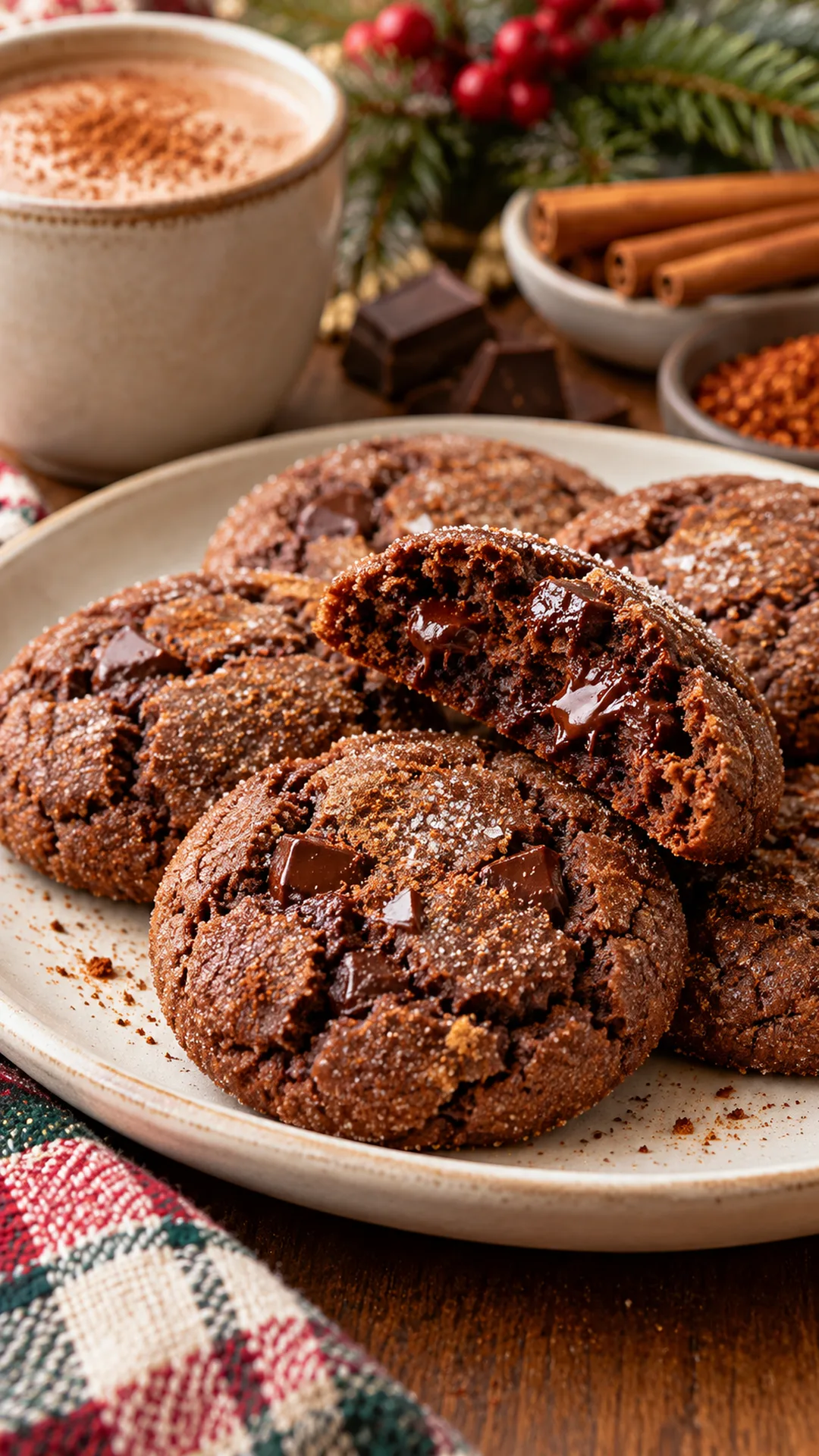 Mexican Hot Chocolate Cookies cookies arranged on a plate, photographed close enough to show their baked surface and finish.