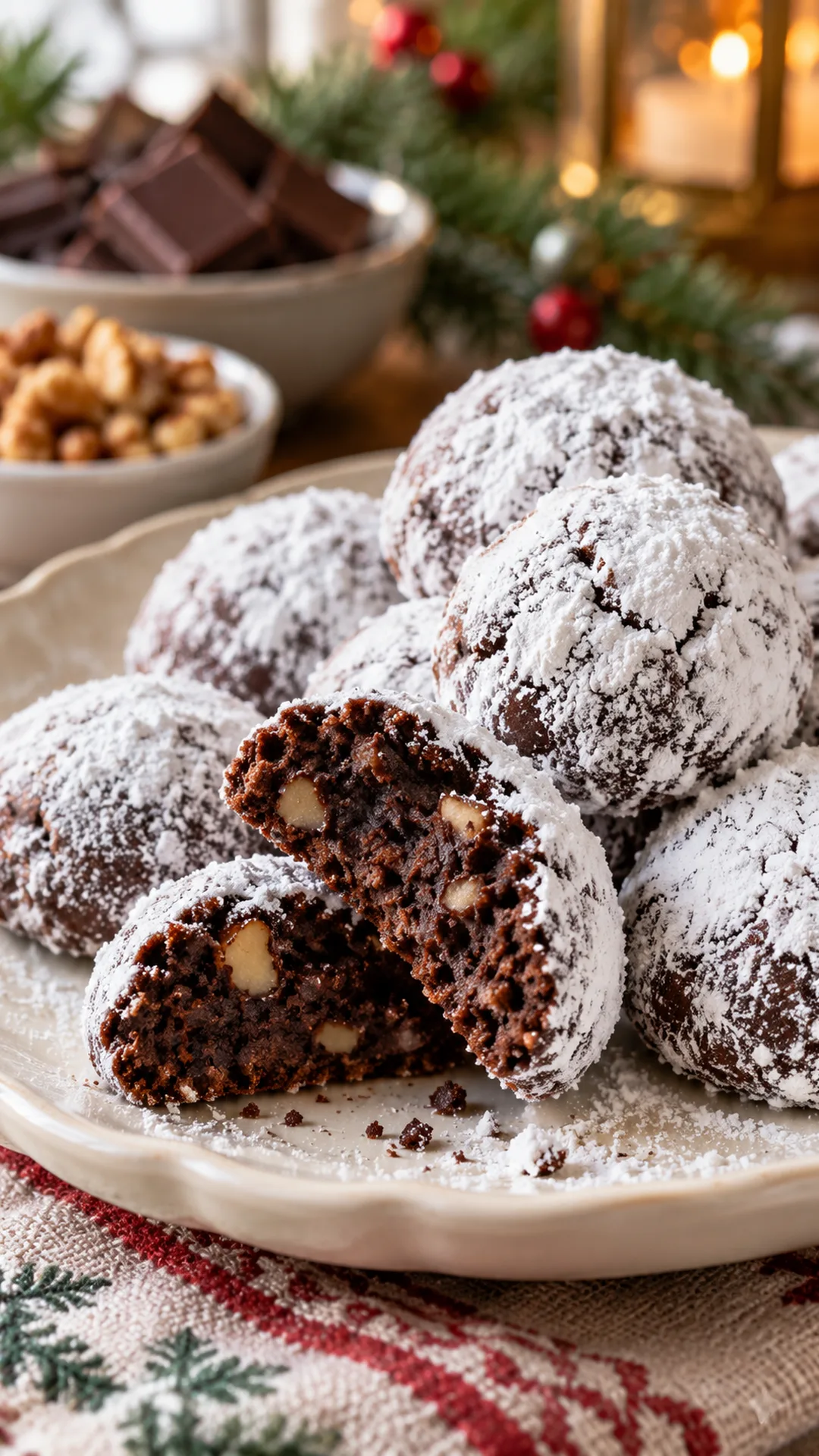 Midnight Chocolate Snowballs cookies arranged on a plate, photographed close enough to show their baked surface and finish.