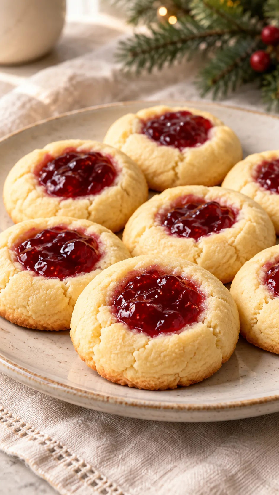 Pale golden cream-cheese thumbprint cookies with thick ruby-red jam in their centers