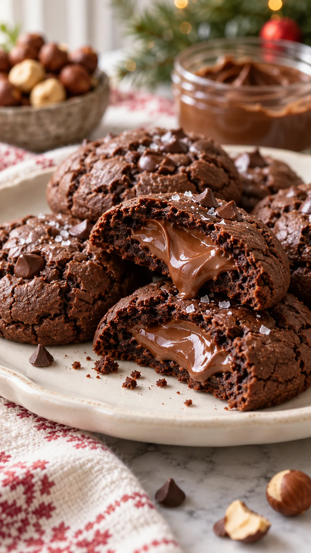 Nutella Stuffed Chocolate Cookies cookies arranged on a plate, photographed close enough to show their baked surface and finish.