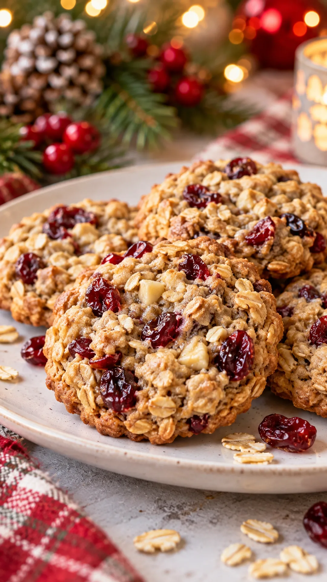 Oatmeal Cranberry Holiday Cookies cookies arranged on a plate, photographed close enough to show their baked surface and finish.