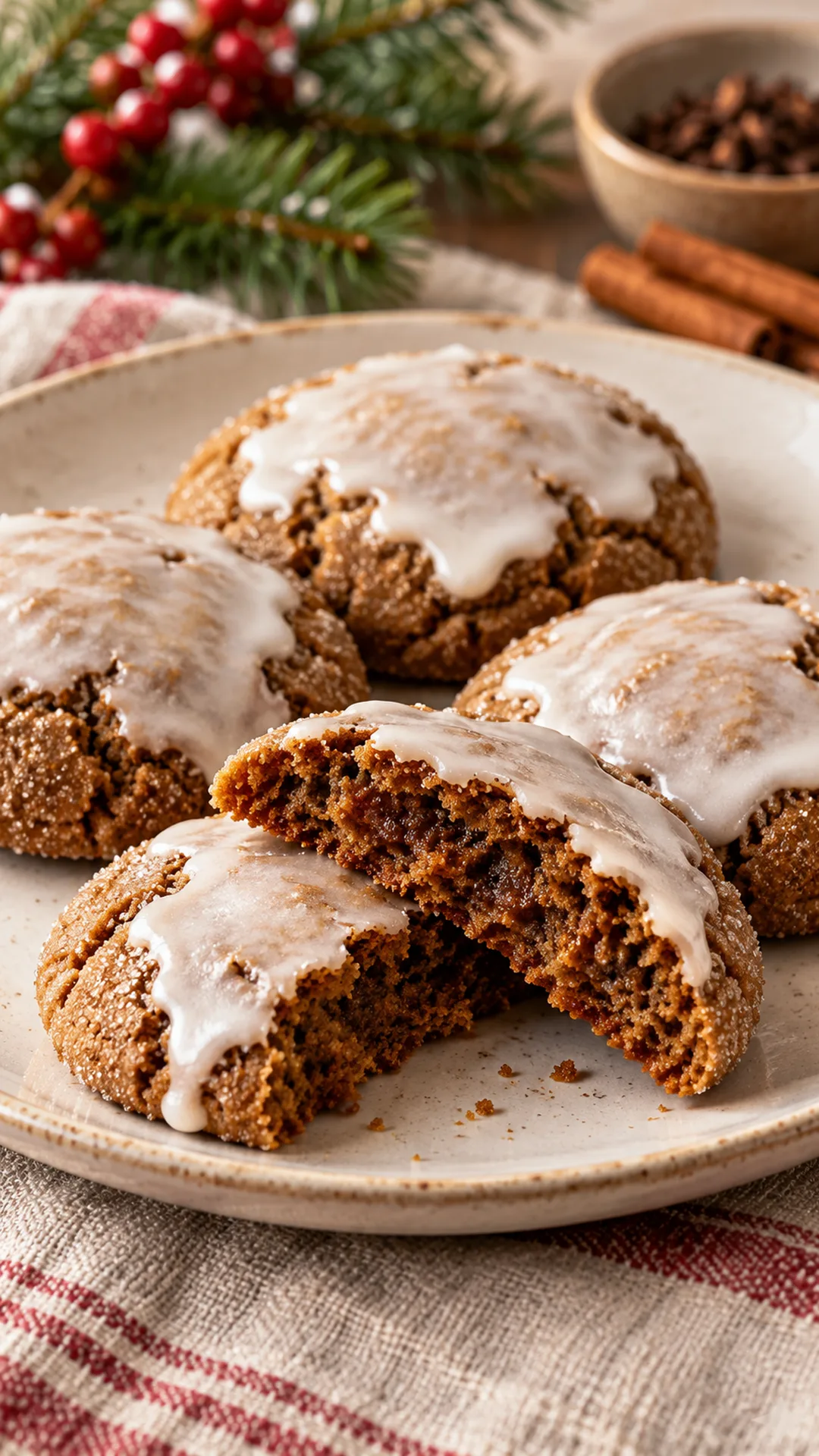 Old-Fashioned Iced Molasses Cookies cookies arranged on a plate, photographed close enough to show their baked surface and finish.