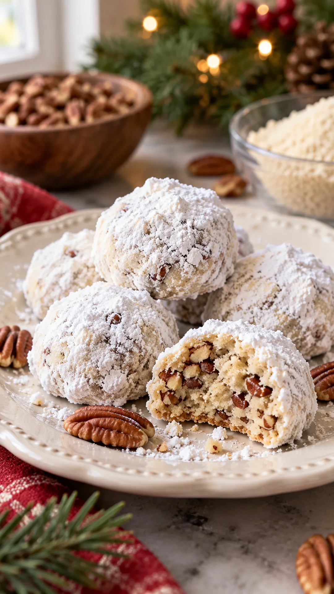 Paleo Pecan Snowball Cookies cookies arranged on a plate, photographed close enough to show their baked surface and finish.