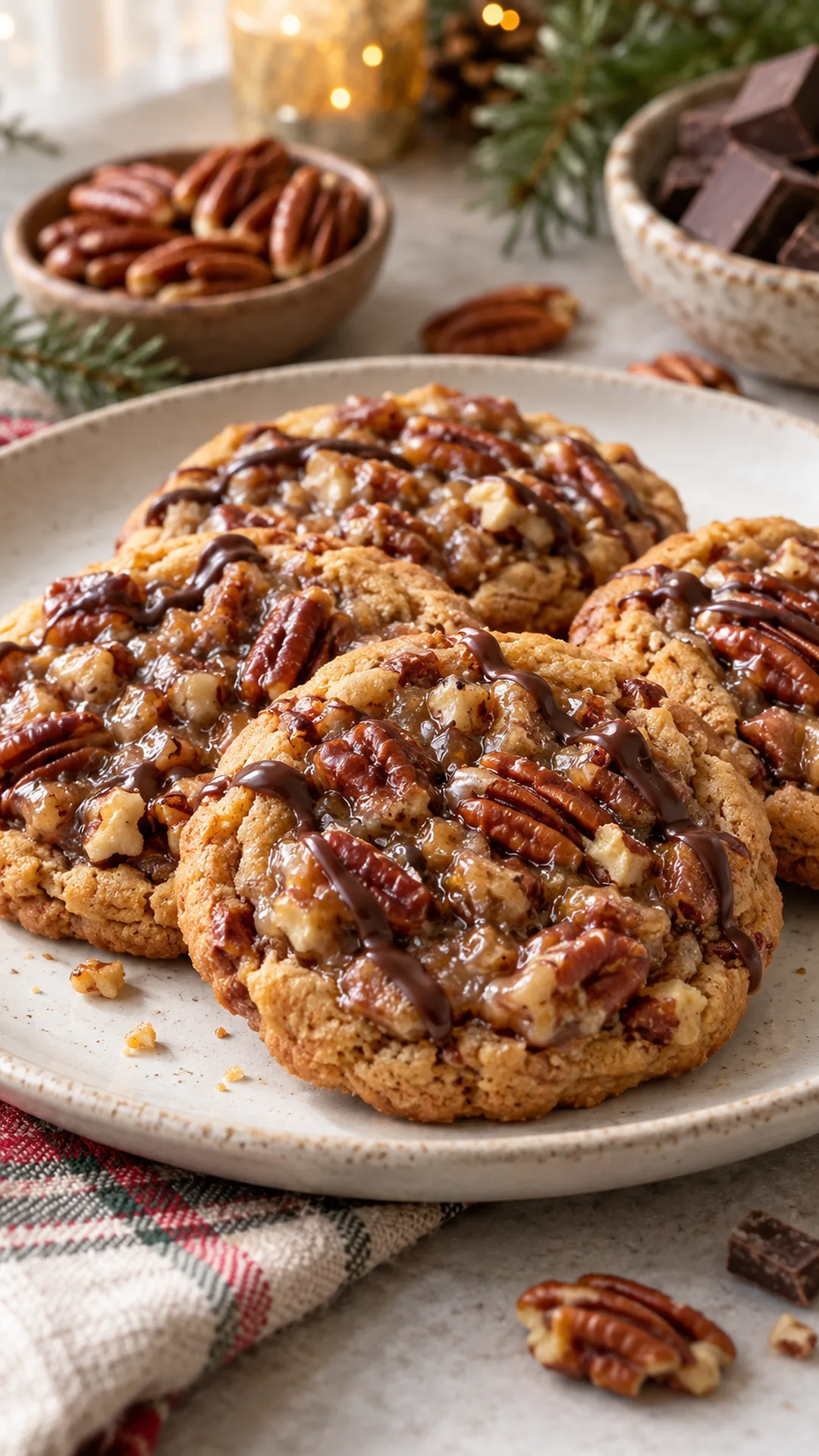Pecan Praline Cookies cookies arranged on a plate, photographed close enough to show their baked surface and finish.
