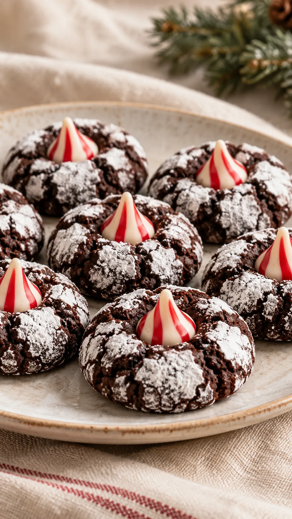 Dark cocoa crinkles with white sugar cracks, each topped with a red-and-white striped peppermint Kiss