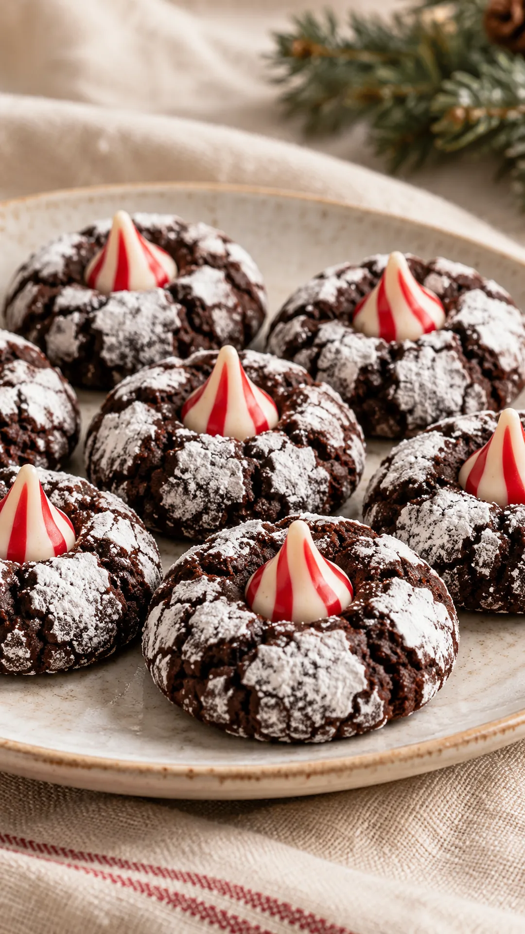 Dark cocoa crinkles with white sugar cracks, each topped with a red-and-white striped peppermint Kiss