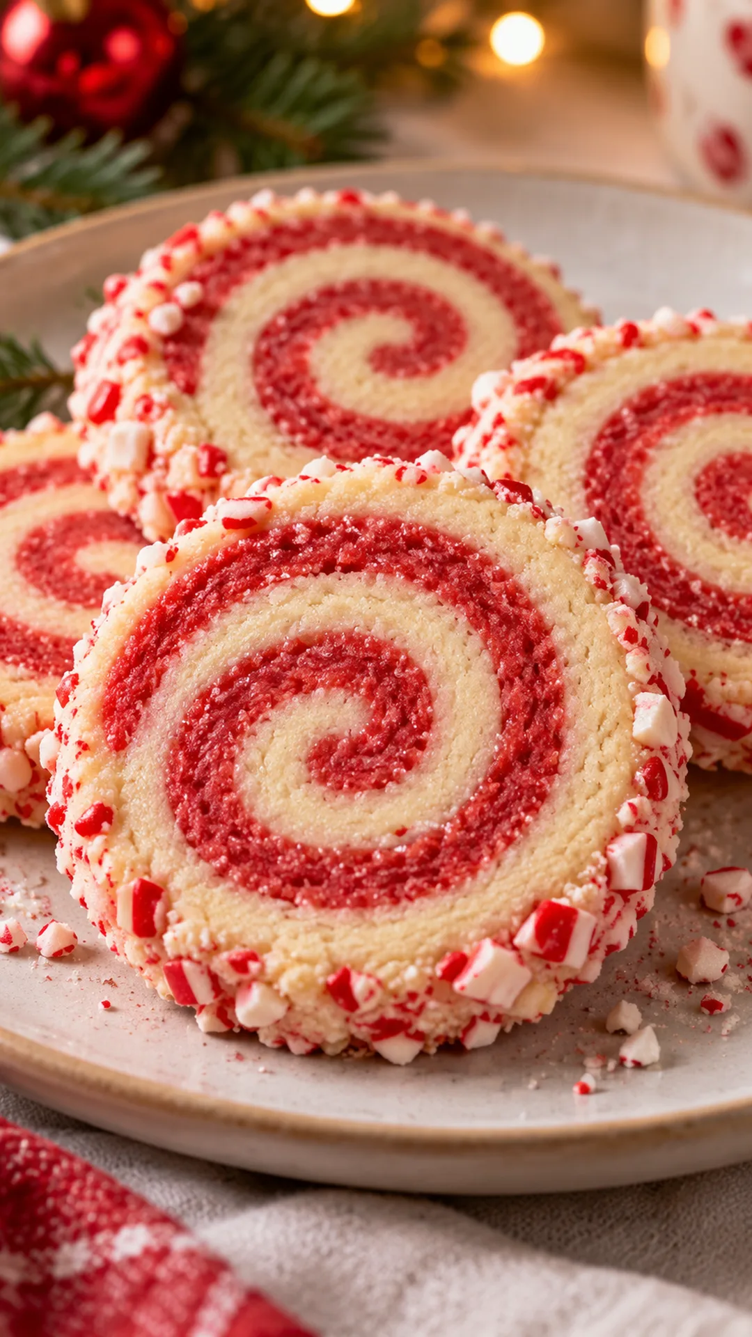 Peppermint Pinwheel Slice-and-Bake Cookies cookies arranged on a plate, photographed close enough to show their baked surface and finish.