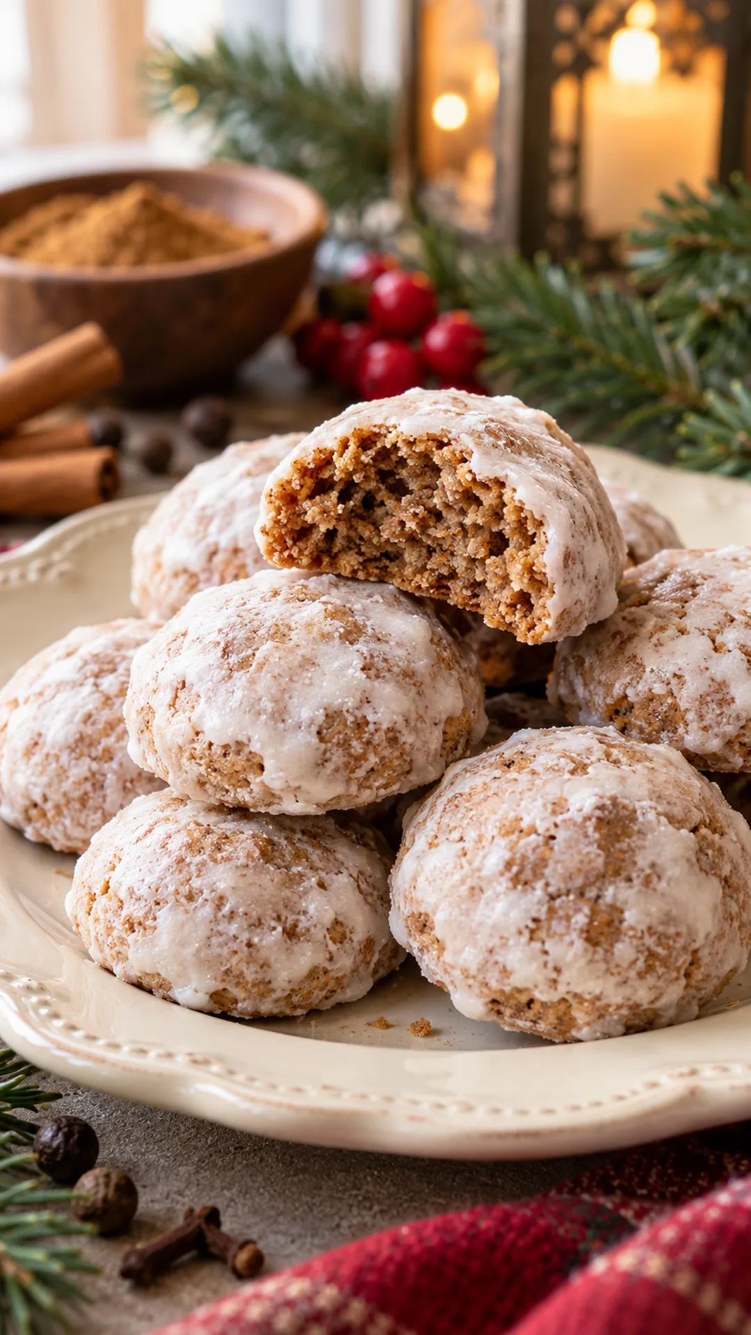 Pfeffernüsse German Spiced Cookies cookies arranged on a plate, photographed close enough to show their baked surface and finish.
