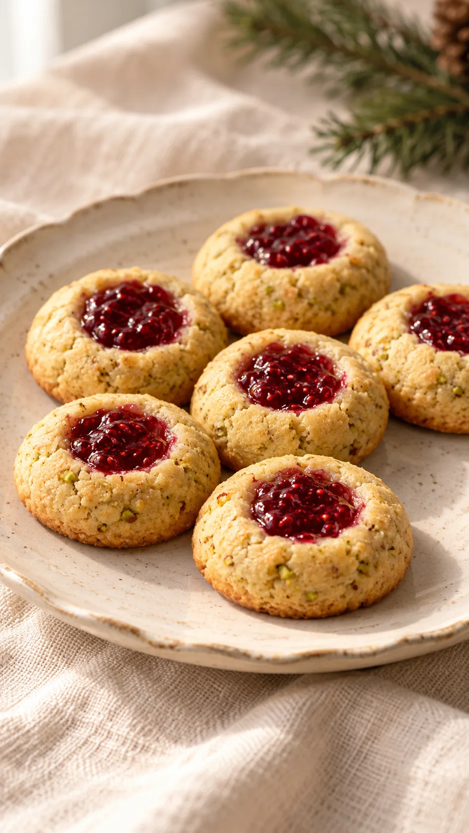 Pistachio-flecked golden thumbprint cookies with ruby raspberry jam centers