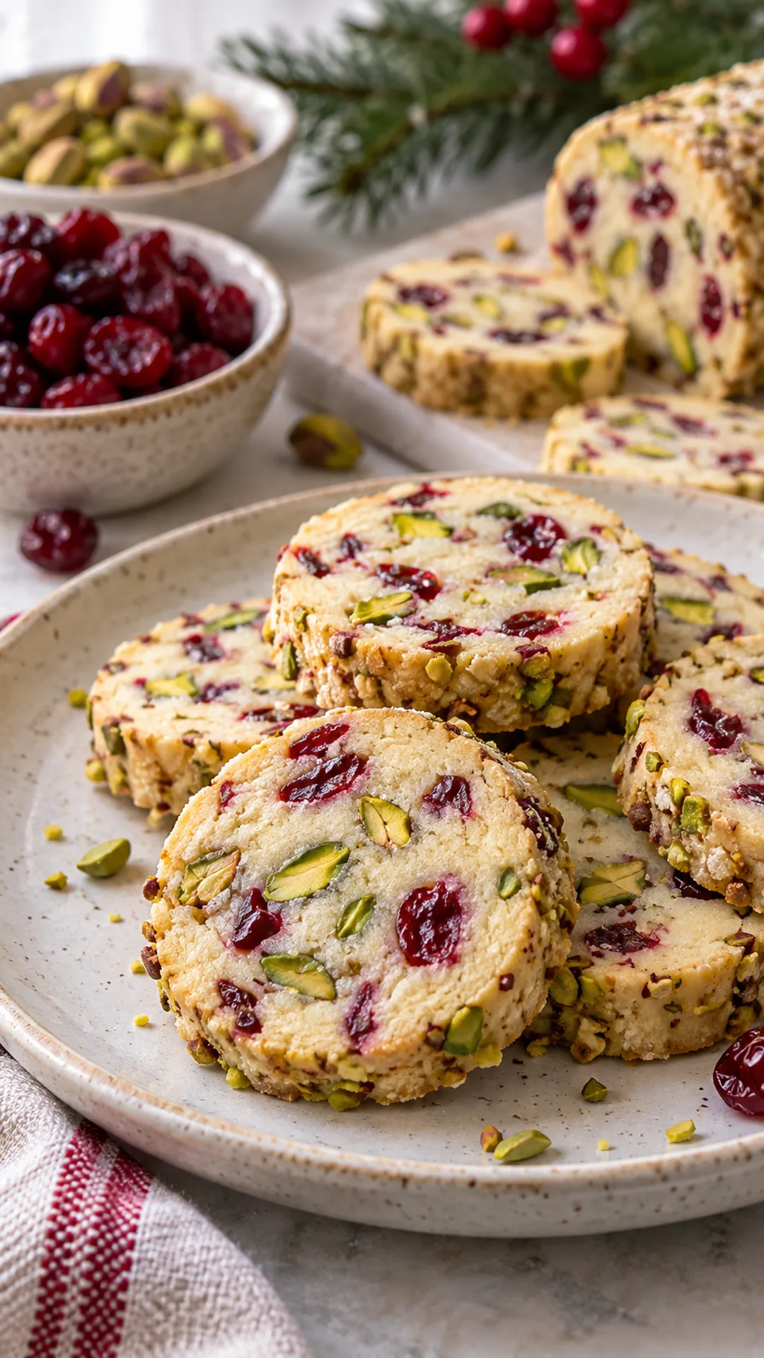 Pistachio Cranberry Mosaic Cookies cookies arranged on a plate, photographed close enough to show their baked surface and finish.