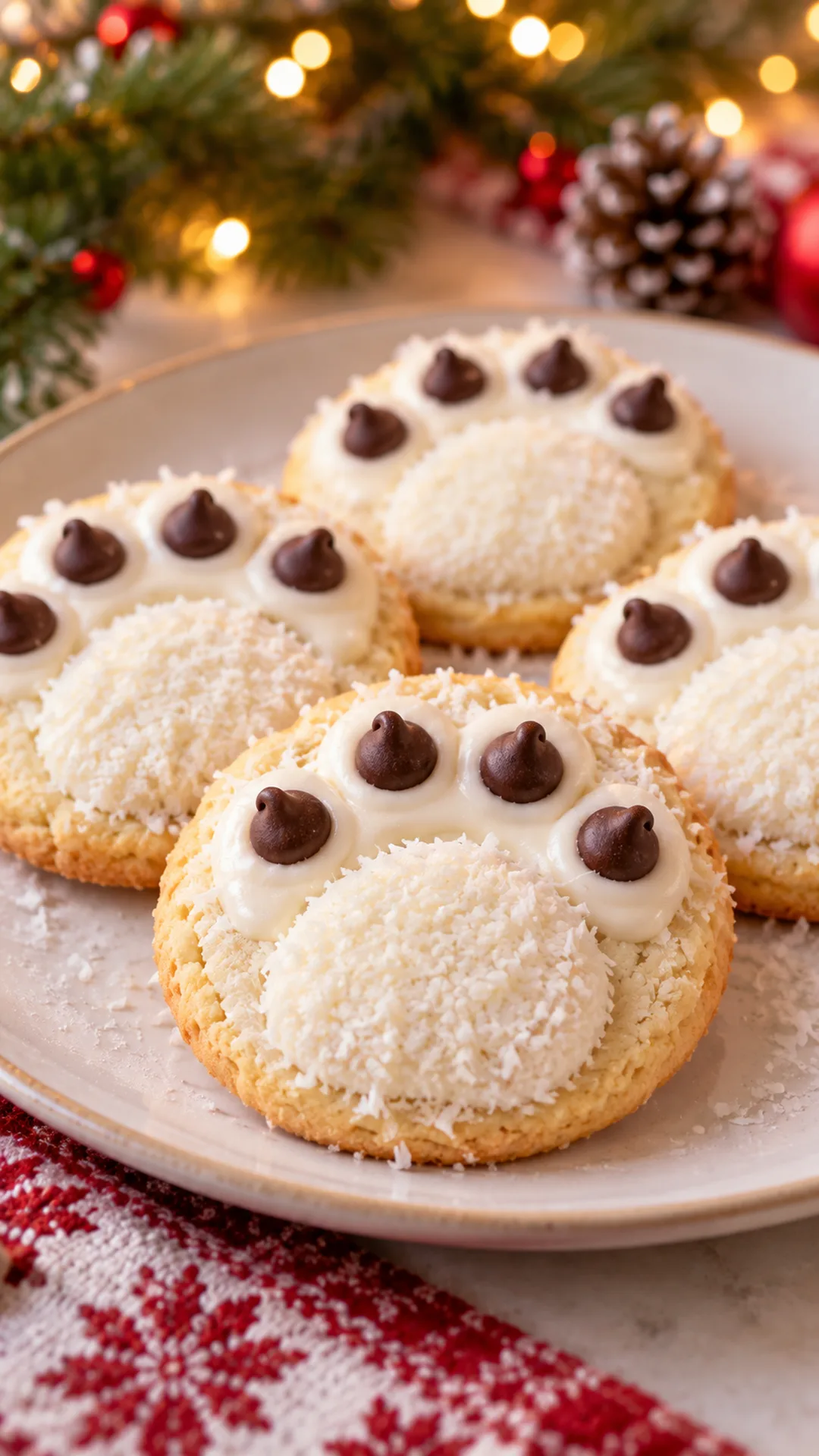 Polar Bear Paw Cookies cookies arranged on a plate, photographed close enough to show their baked surface and finish.