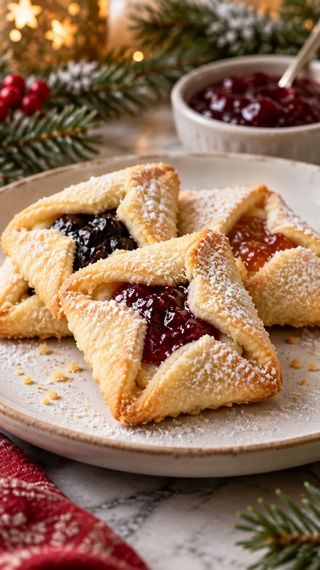 Polish Kolaczki cookies arranged on a plate, photographed close enough to show their baked surface and finish.