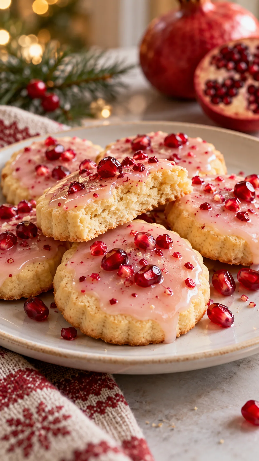 Pomegranate Glazed Shortbread cookies arranged on a plate, photographed close enough to show their baked surface and finish.