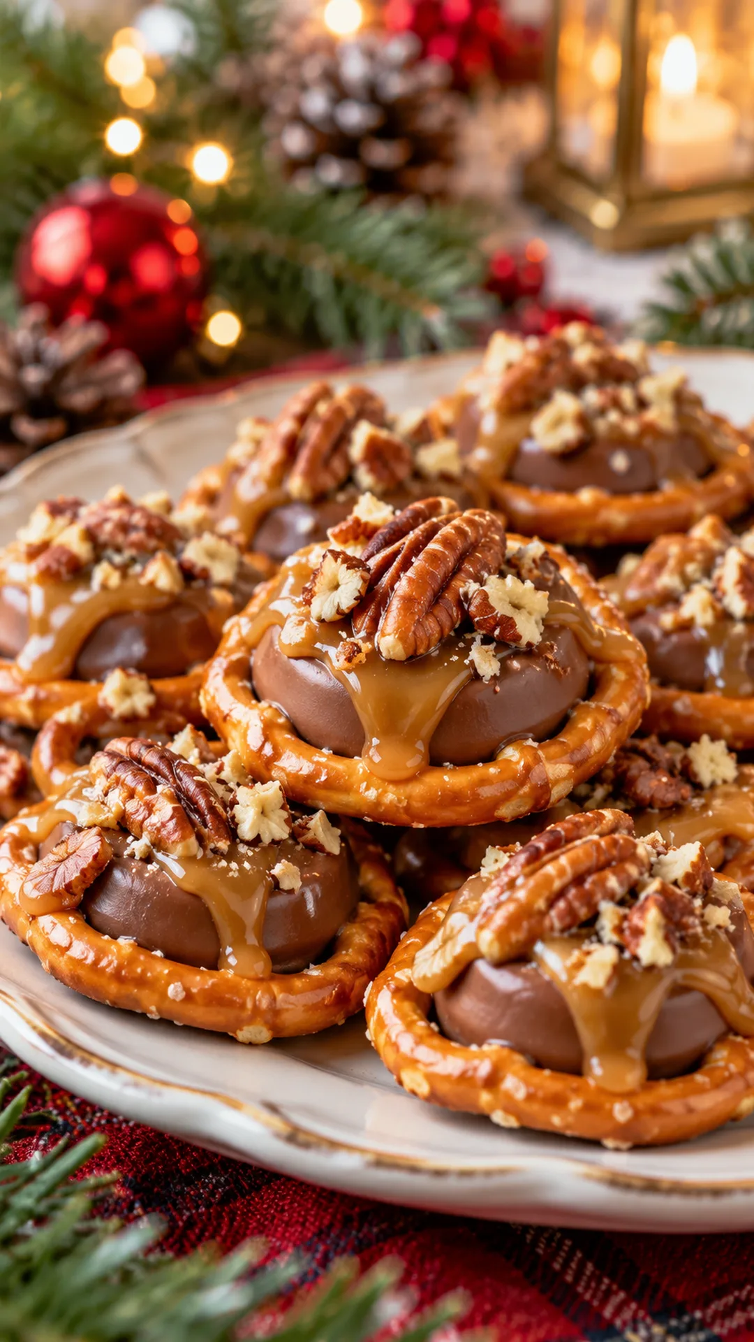 Pretzel Rolo Turtle Cookies cookies arranged on a plate, photographed close enough to show their baked surface and finish.