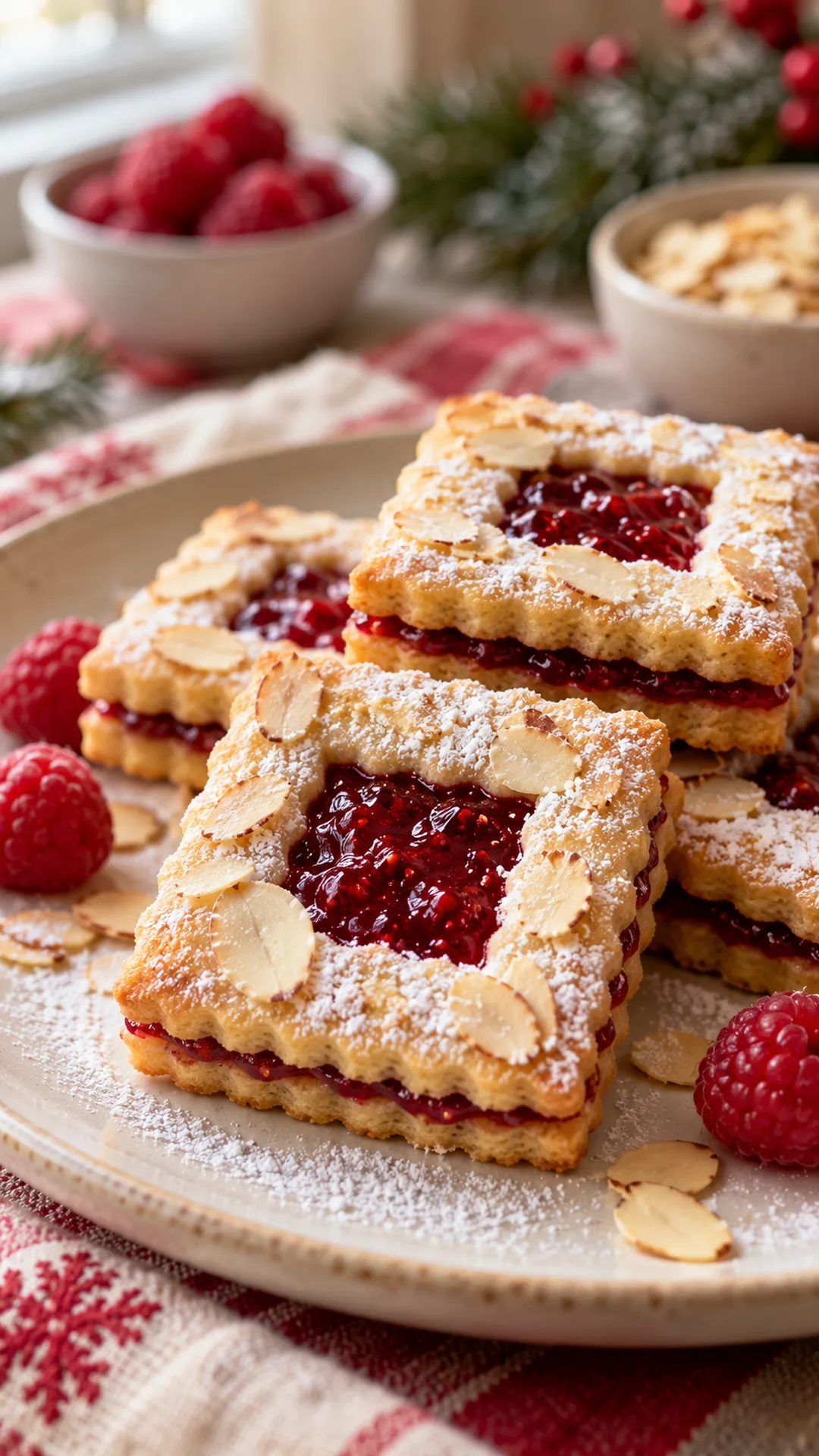 Raspberry Almond Linzer Squares cookies arranged on a plate, photographed close enough to show their baked surface and finish.