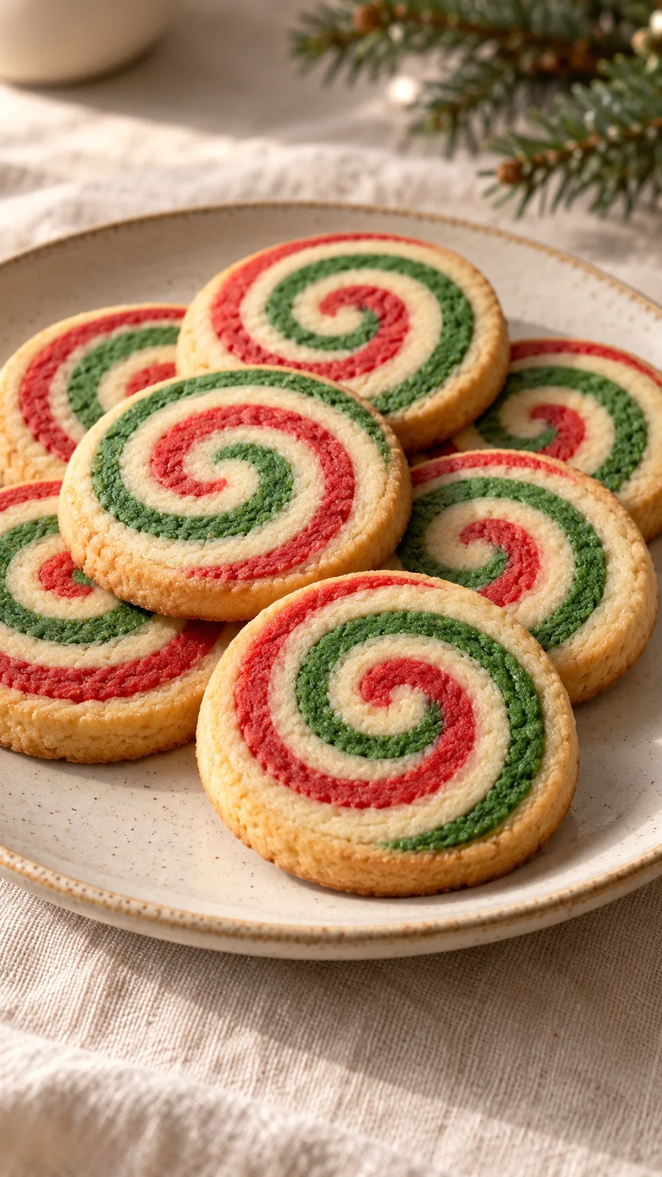 Round vanilla cookies showing red, green and cream spirals with lightly golden edges
