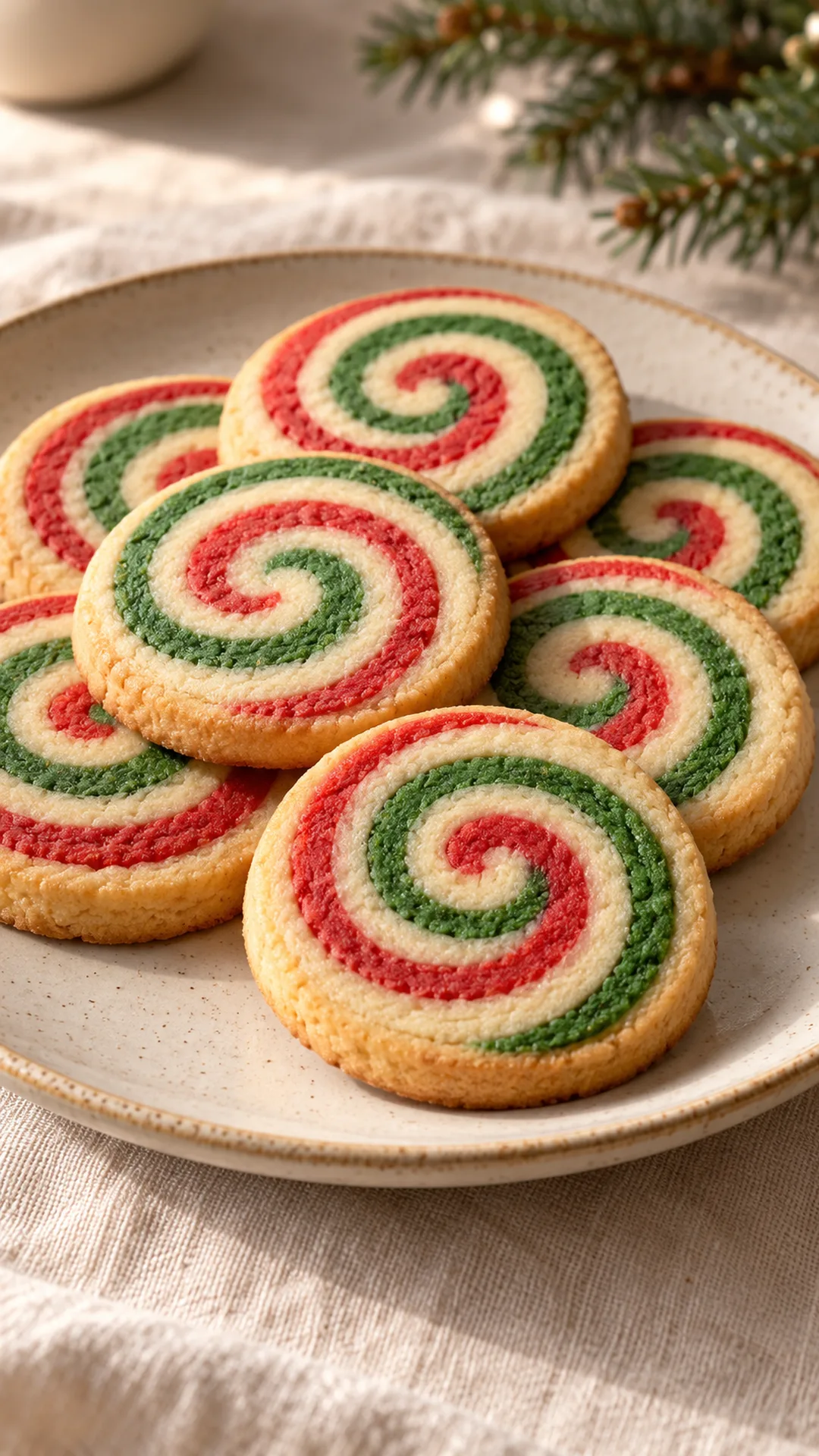 Round vanilla cookies showing red, green and cream spirals with lightly golden edges