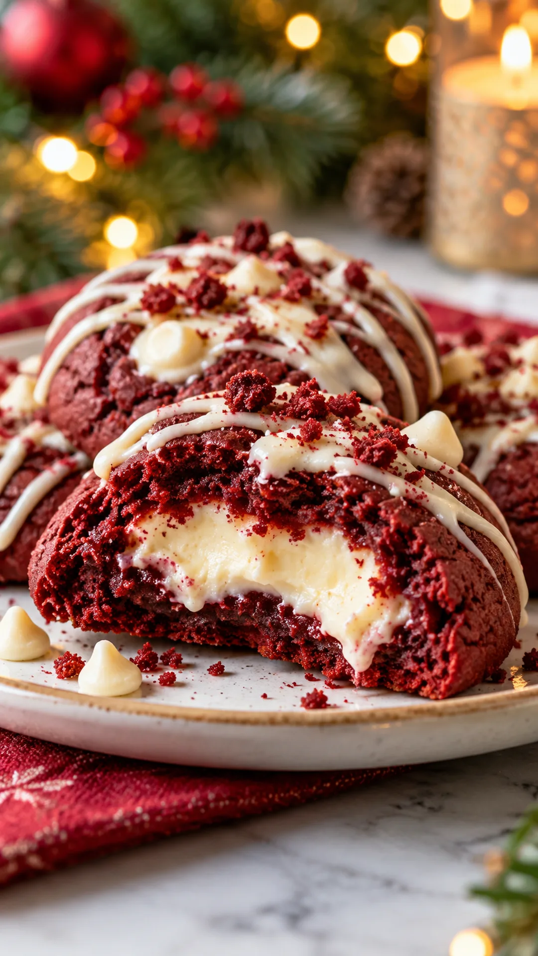 Red Velvet Cheesecake Stuffed Cookies cookies arranged on a plate, photographed close enough to show their baked surface and finish.