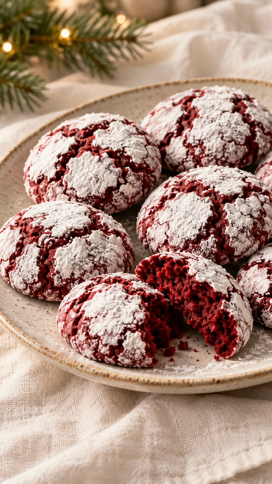 Deep red velvet crinkles with white powdered-sugar cracks and a broken red cookie in front