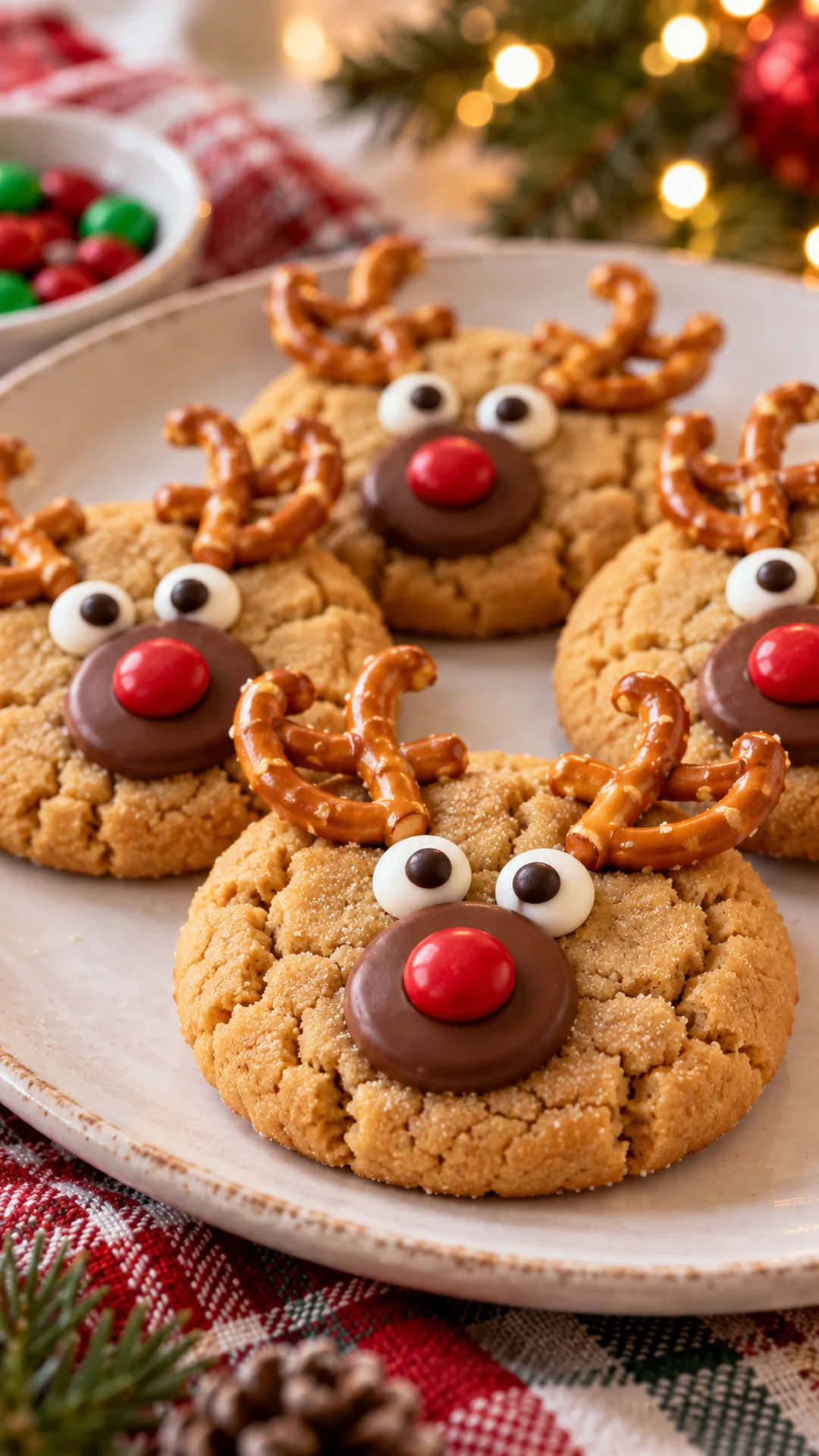 Reindeer Peanut Butter Cookies cookies arranged on a plate, photographed close enough to show their baked surface and finish.