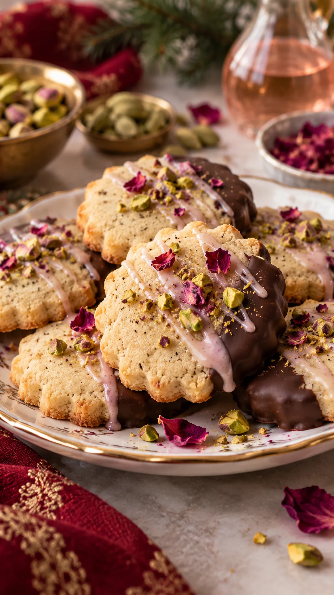 Rosewater Cardamom Shortbread cookies arranged on a plate, photographed close enough to show their baked surface and finish.