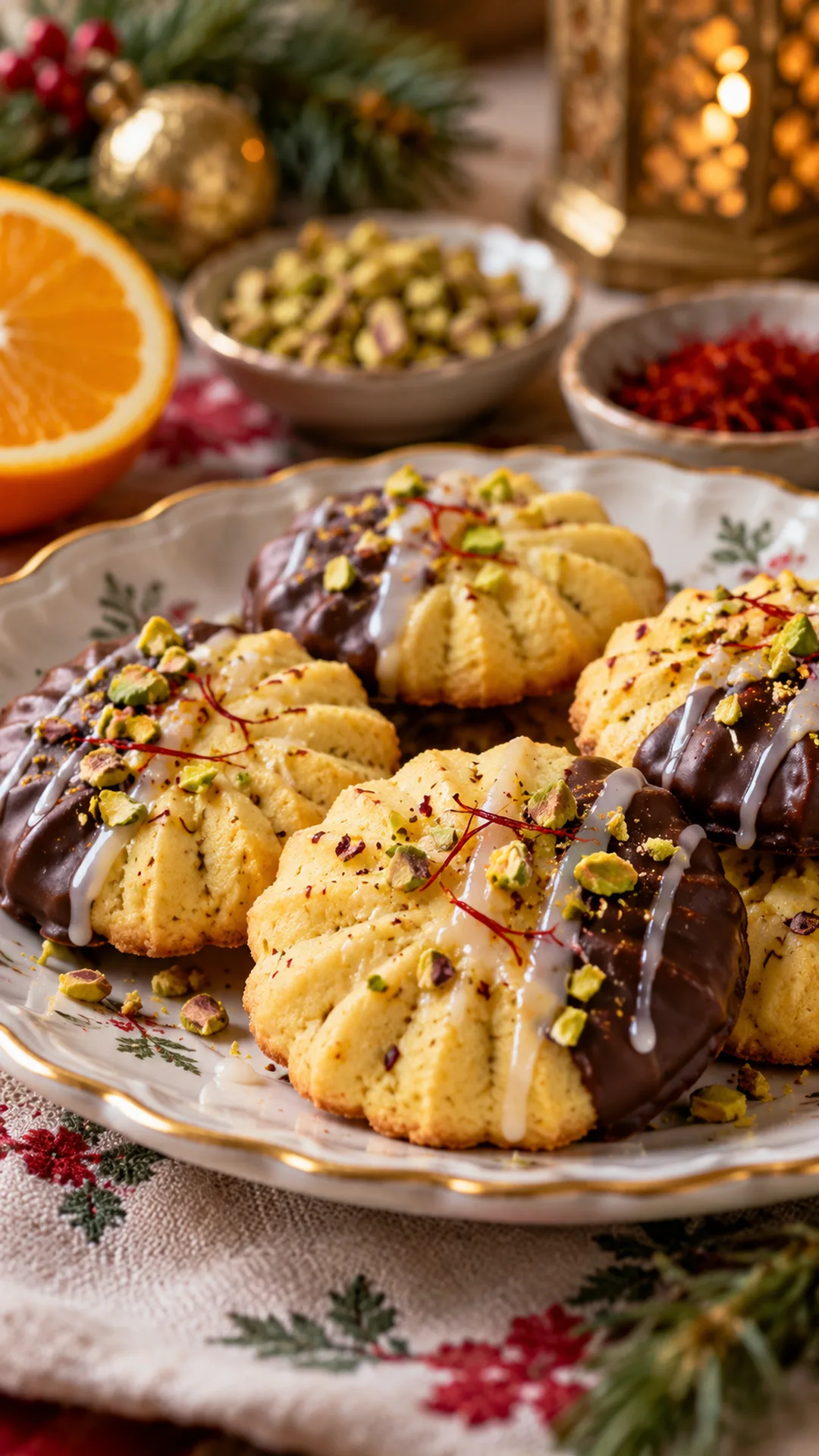 Saffron Orange Holiday Cookies cookies arranged on a plate, photographed close enough to show their baked surface and finish.